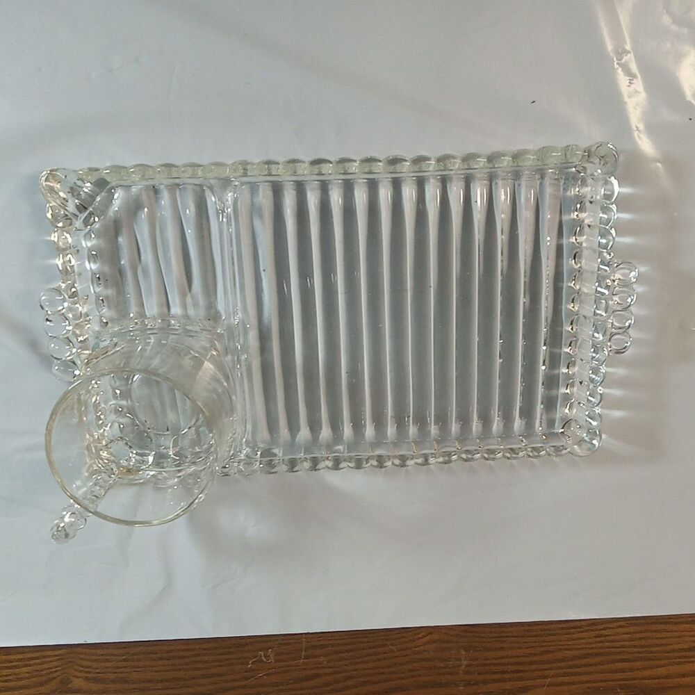 Hazel Atlas Ball & Rib Glass Sip'n Smoke Luncheon Snack Cup & Tray Vintage 1950